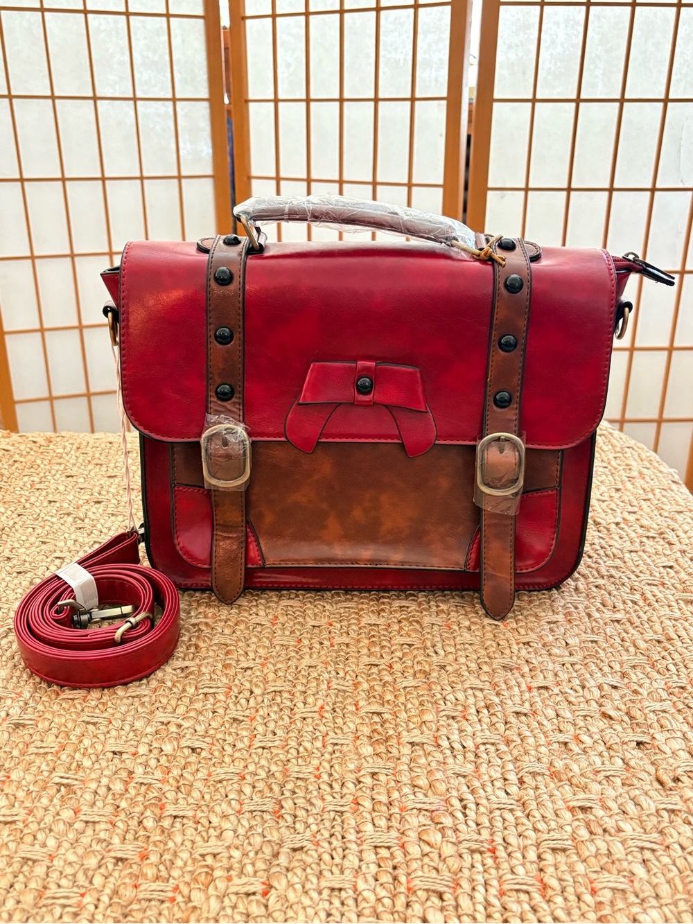 Ecosusi Two-Tone Red and Brown Satchel Bag with Top Handle Removable Strap NWT